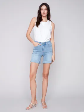 Cuffed Hem Denim Shorts - Light Blue