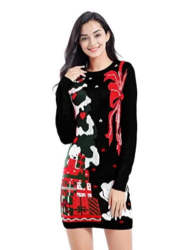 v28 Ugly Christmas Sweater for Women Vintage Funny Merry Knit Sweaters Dress (M, Bear Black)