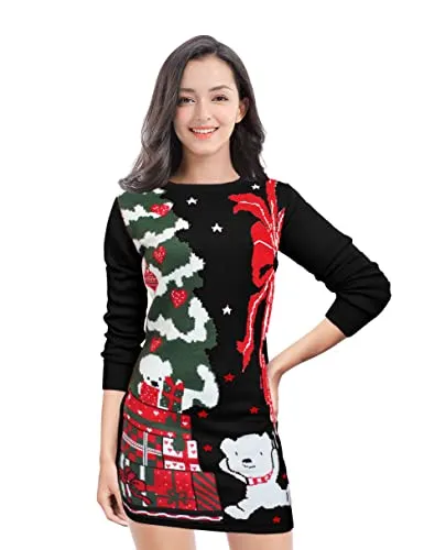 v28 Ugly Christmas Sweater for Women Vintage Funny Merry Knit Sweaters Dress (M, Bear Black)